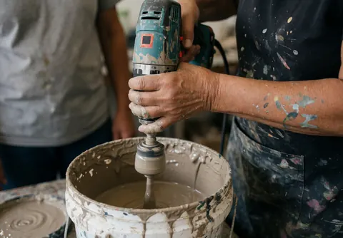 A person mixes paint in a bucket using an electric mixer, with paint splatters on their arm and clothes in a workshop.