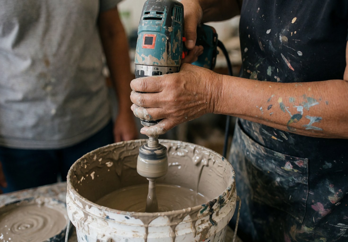A person mixes paint in a bucket using an electric mixer, with paint splatters on their arm and clothes in a workshop.