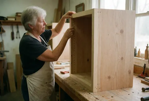 A woman in an apron assembles a wooden piece of furniture in a carpentry workshop.