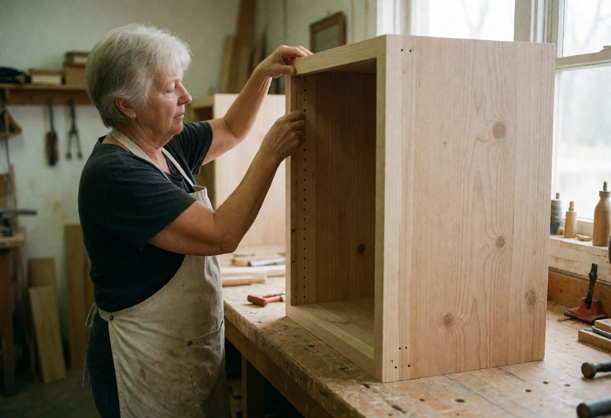 A woman in an apron assembles a wooden piece of furniture in a carpentry workshop.