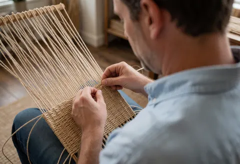 A man in a blue shirt and jeans weaving natural thread in a workshop, showing concentration and craftsmanship.