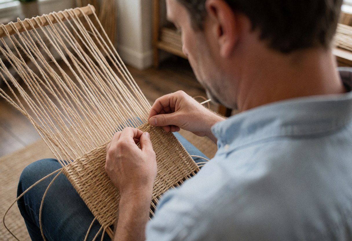 A man in a blue shirt and jeans weaving natural thread in a workshop, showing concentration and craftsmanship.