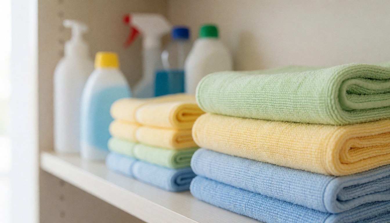 Colorful microfiber cleaning towels and various cleaning products arranged on a shelf, ideal for professional cleaning services