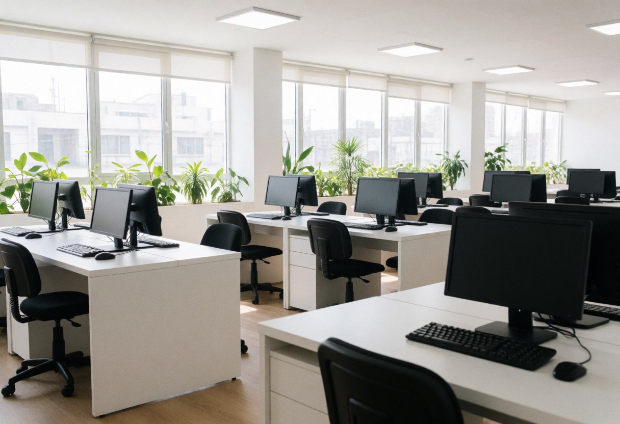 Modern office with white desks, computers, and black chairs, with green plants near the windows.