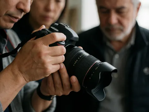 Three people closely examine a DSLR camera with a large lens in a photography studio.