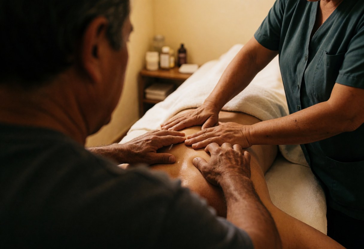 A therapist and a client perform a therapeutic massage on a massage table covered with white towels in a warm and relaxing environment.