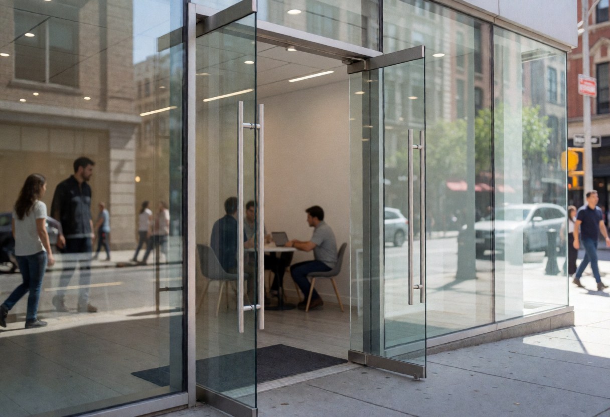 View of a modern office entrance with people working inside and others walking outside.