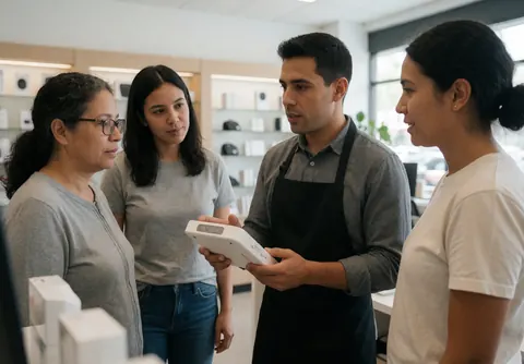 Employee in store explaining a product to three attentive customers in a modern setting.