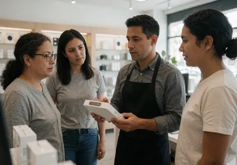 Employee in store explaining a product to three attentive customers in a modern setting.