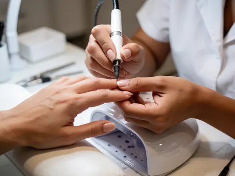 A manicurist carefully applies gel polish to a client's nails using a brush and curing lamp in a salon.