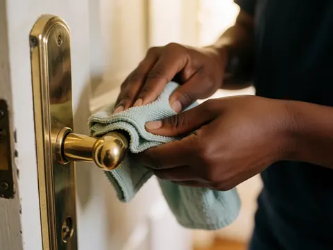 A person using a cloth to clean a shiny brass door handle indoors.