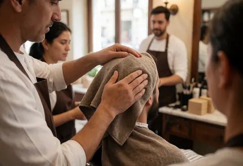 Barber with warm towel on client's head while another barber and stylist work in the background of the barbershop.