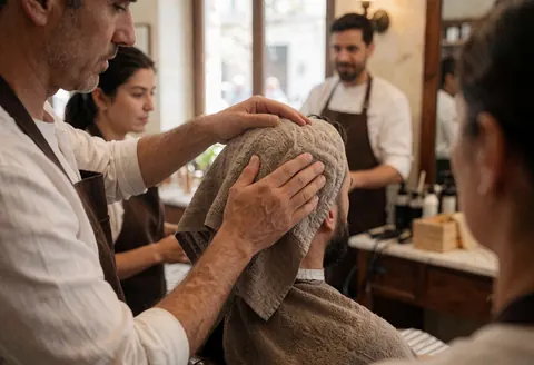 Barber with warm towel on client's head while another barber and stylist work in the background of the barbershop.