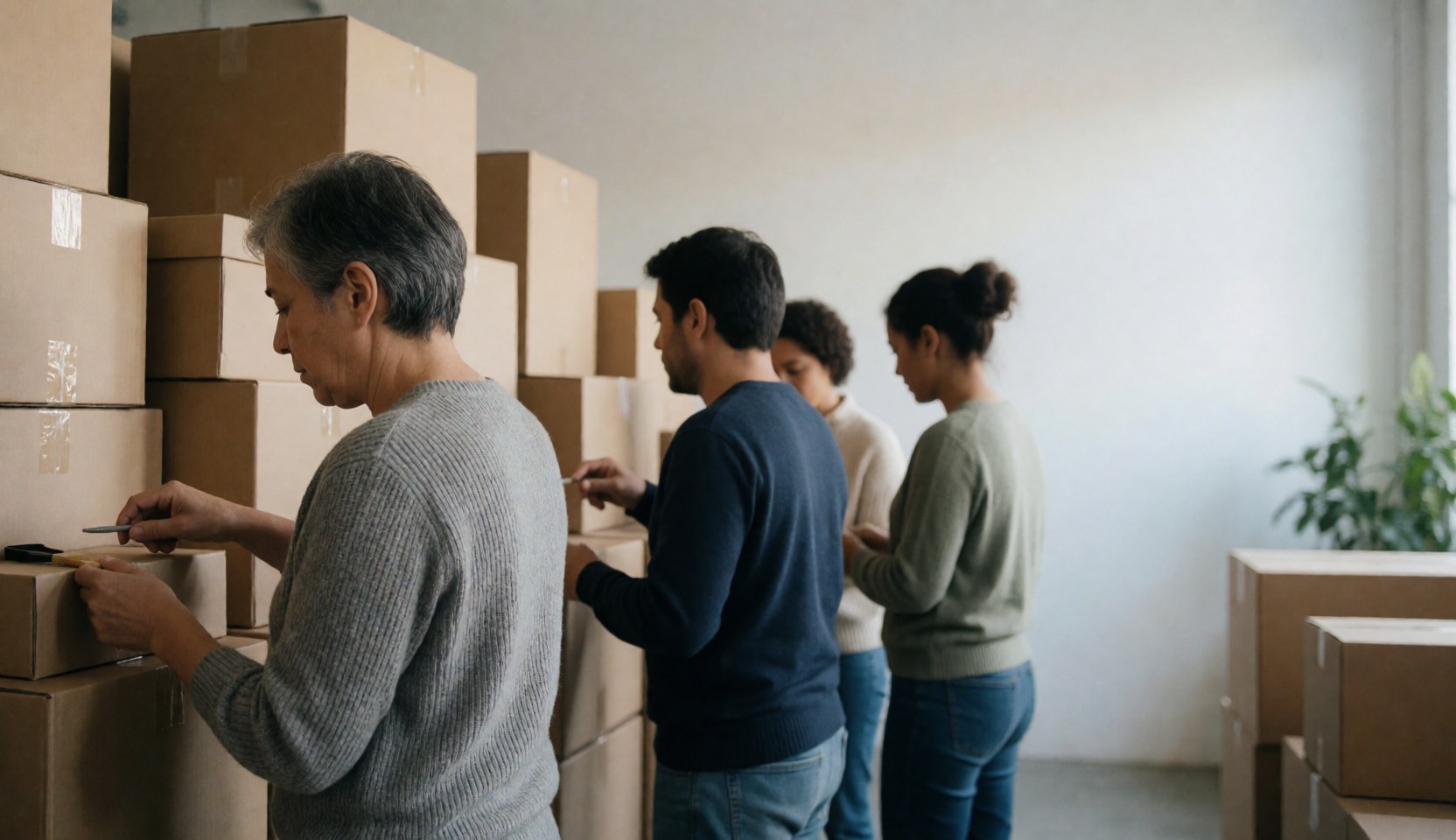 Staff members arranging furniture packages in a bright warehouse with natural light and empty space on the right for text