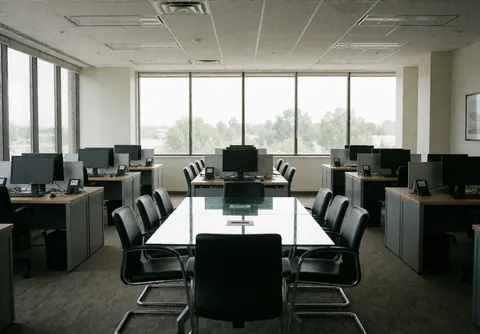 Modern empty meeting room with tables, chairs and computers, ready for a team meeting or remote work.