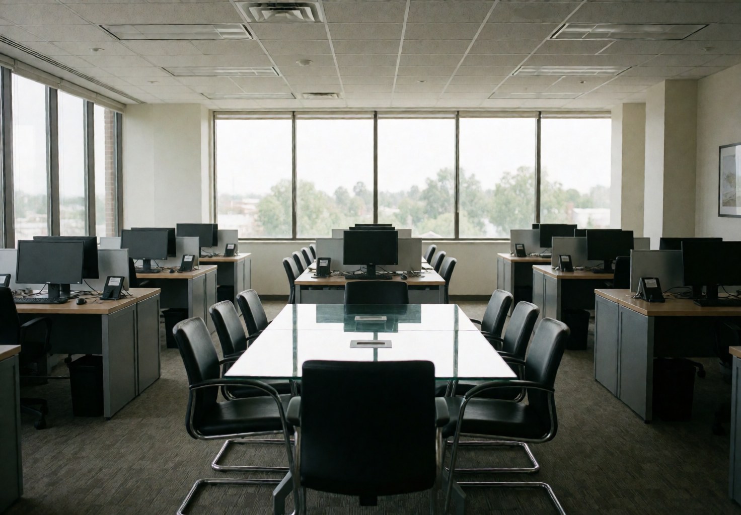 Modern empty meeting room with tables, chairs and computers, ready for a team meeting or remote work.
