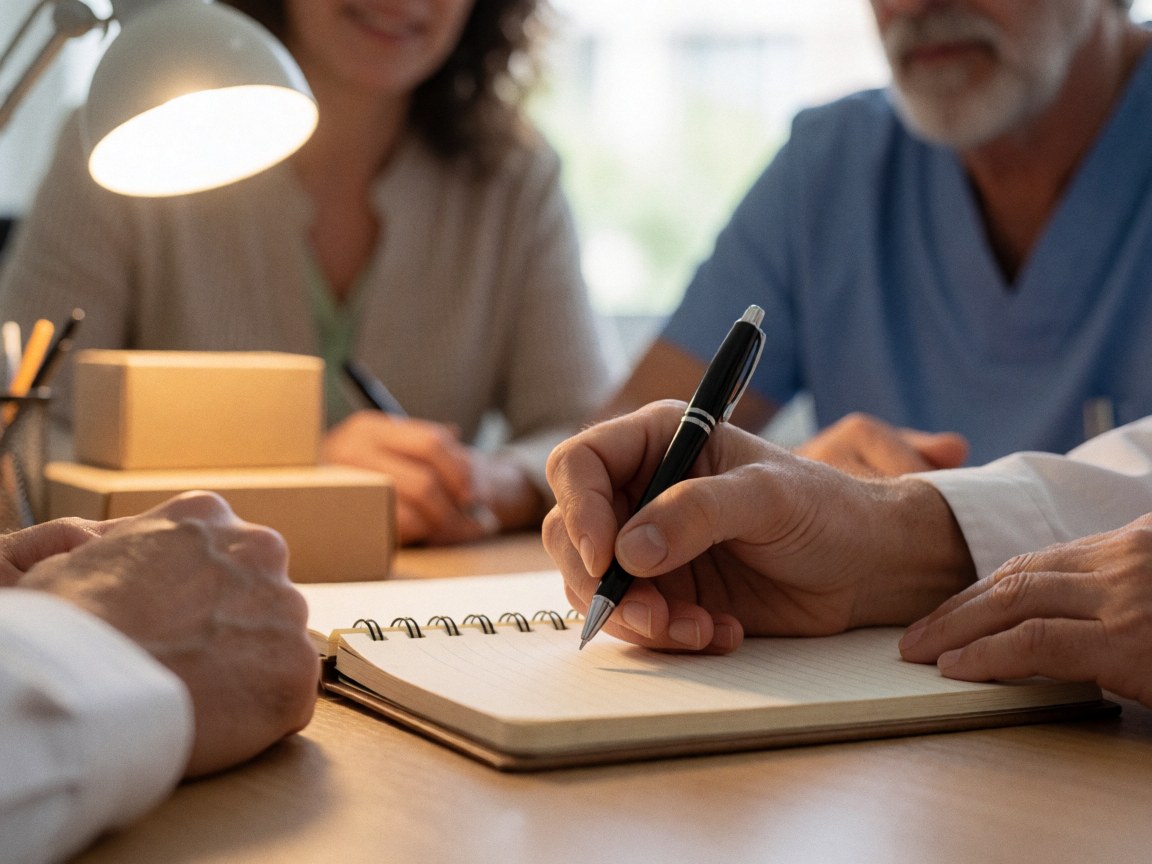 A hand writes in a notebook on a wooden desk with a desk lamp on, while other people are in the meeting in the background.