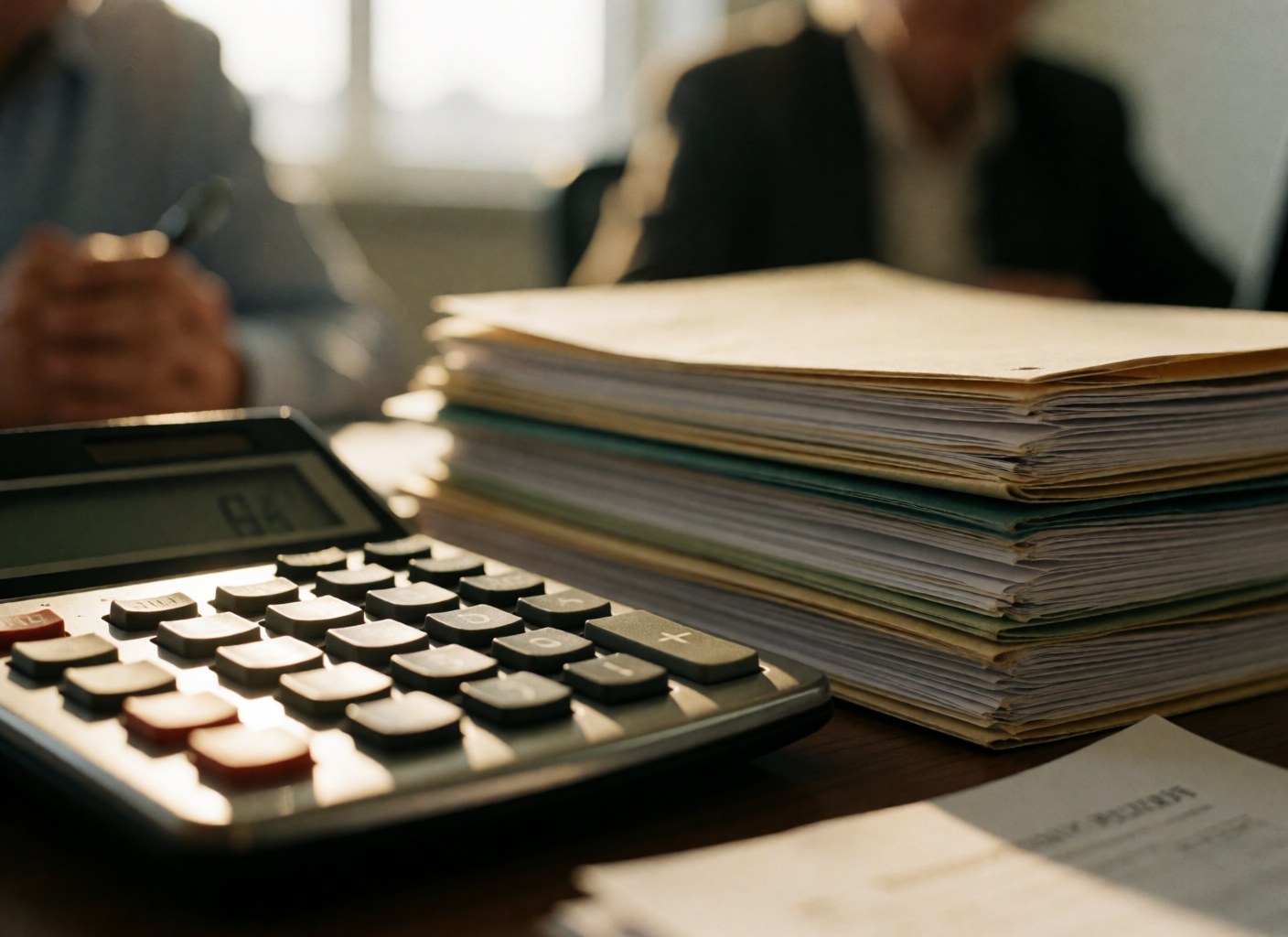Close-up of a calculator next to insurance folders on an office desk with blurred people in the background and warm professional lighting