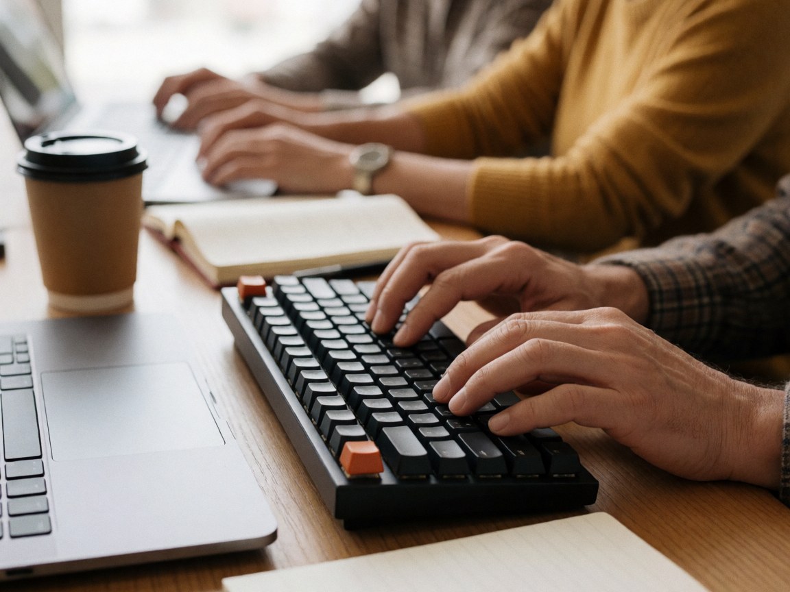 Close-up of hands typing on a mechanical keyboard with a coffee cup and notebook on the desk for remote work