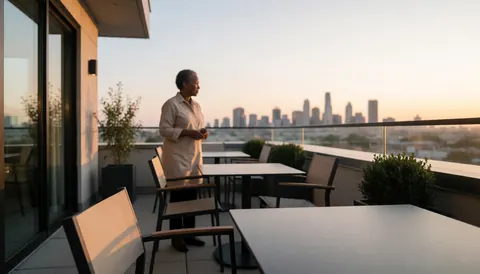 Woman enjoying sunset on hotel terrace with tables and chairs overlooking city skyline