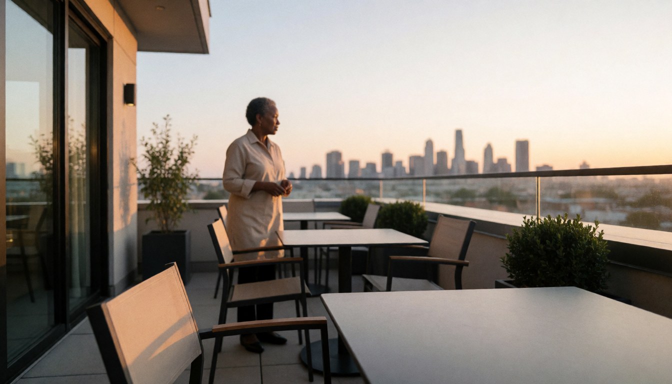 Woman enjoying sunset on hotel terrace with tables and chairs overlooking city skyline