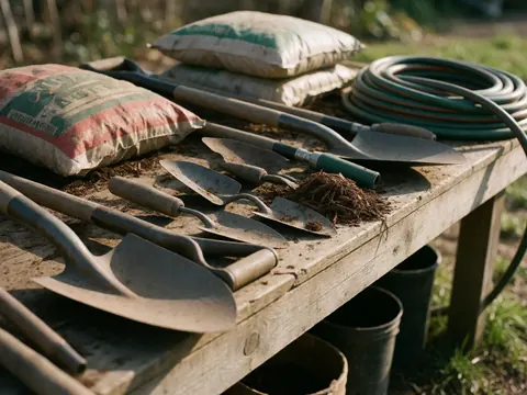Garden tools like hoes and shovels with mulch bags on a weathered wooden table in warm sunlight