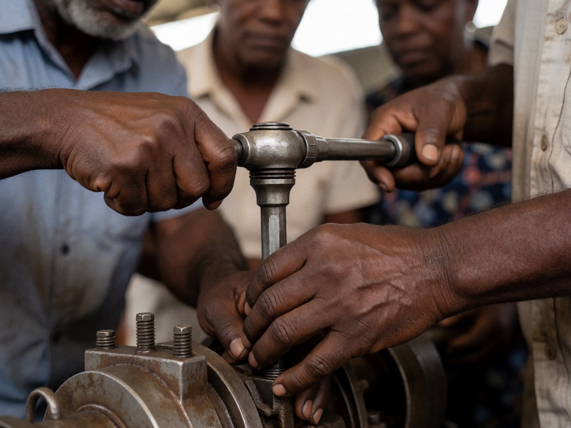 Close-up of hands using a torque wrench to tighten a screw on heavy machinery in a workshop setting
