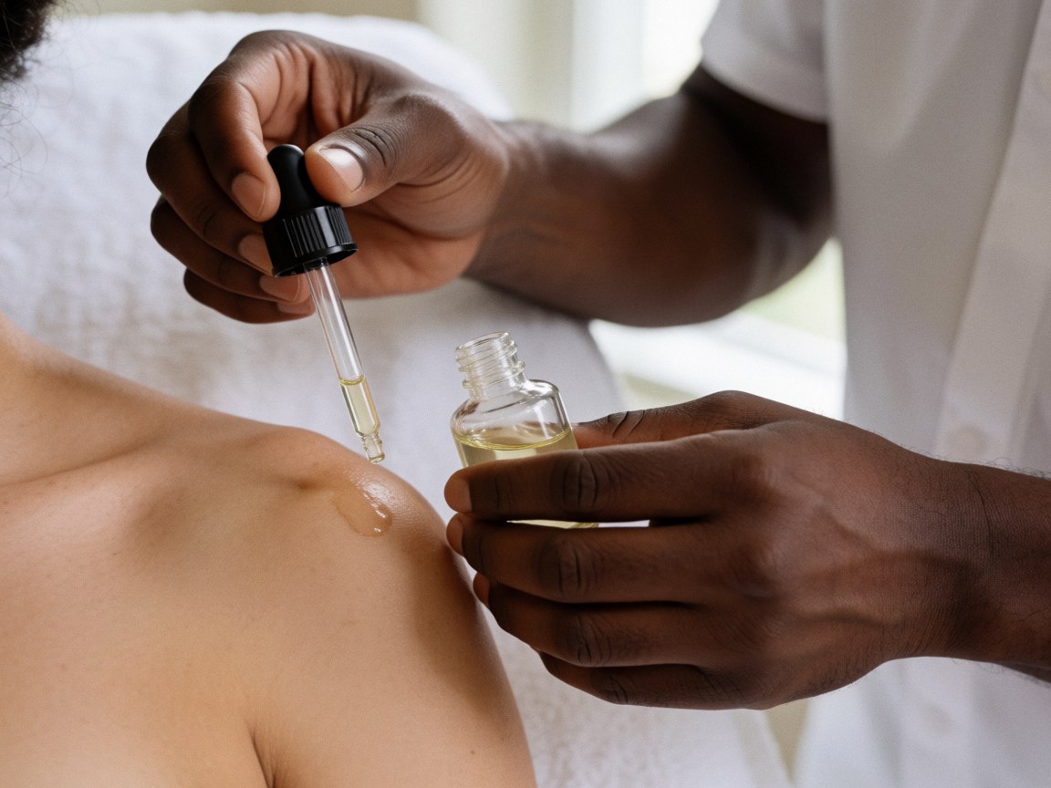 Hand applying serum with dropper to client shoulder, smooth skin, natural light, white background, professional aesthetic