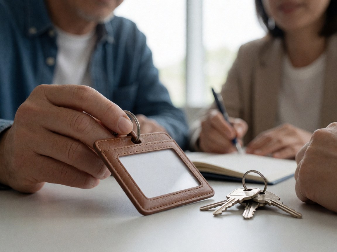 A person shows a key card and house keys on a table while another takes notes in a notebook.