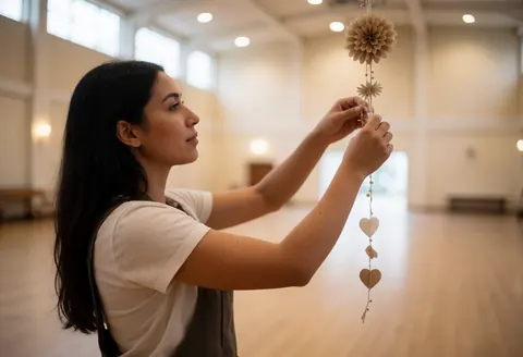 A young woman adjusts a paper garland in an empty event hall with wooden floors and natural light preparing for a wedding.