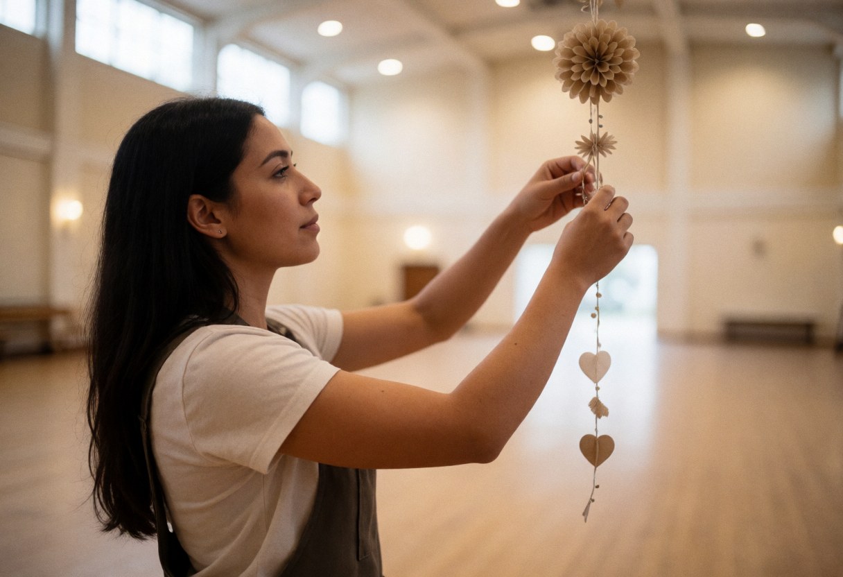 A young woman adjusts a paper garland in an empty event hall with wooden floors and natural light preparing for a wedding.