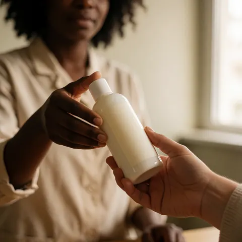 A hand passes a hair care bottle to another hand in a warmly lit professional salon setting