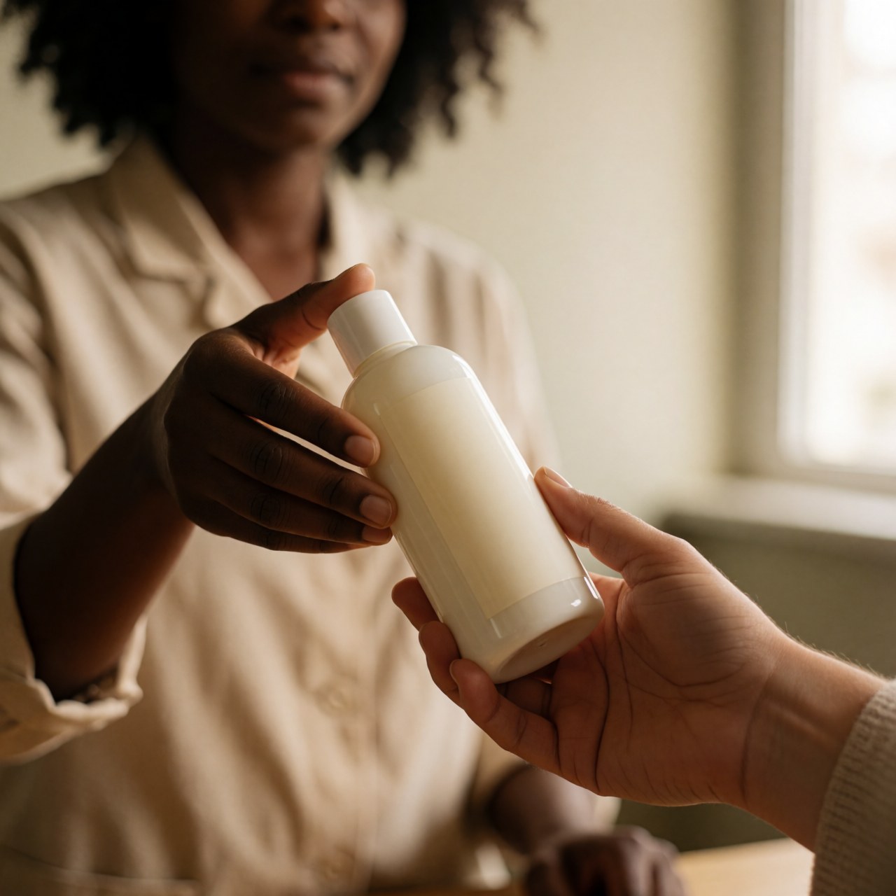 A hand passes a hair care bottle to another hand in a warmly lit professional salon setting
