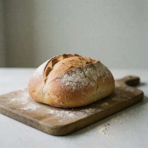 Golden crust artisan bread with flour on a rustic wooden board, lit by soft natural light