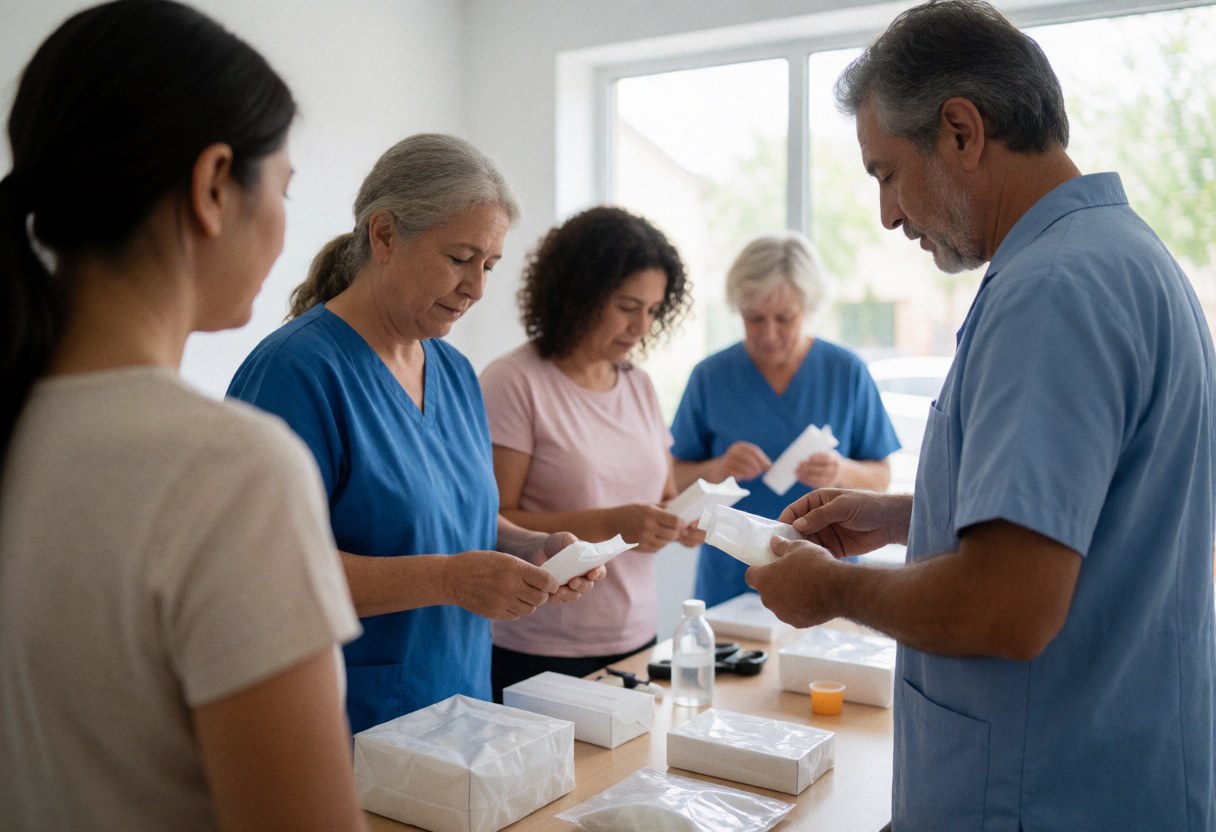 A group of physical therapists, including men and women of various ages, handling and organizing medical equipment on a work table.