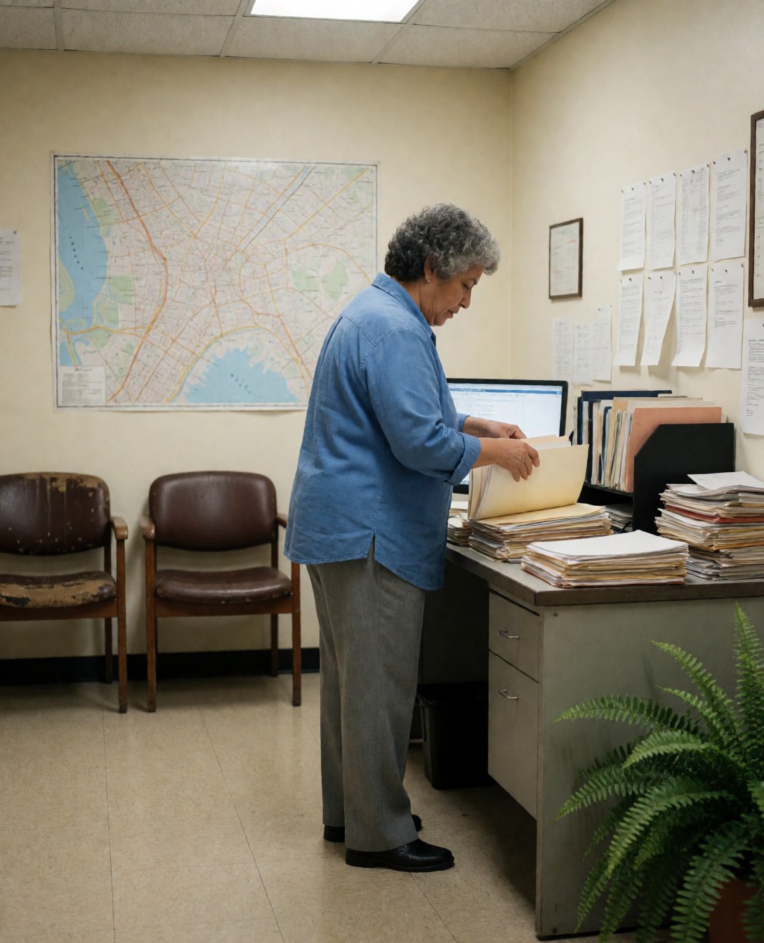 An older woman organizes stacks of documents in an office with a map and chairs.