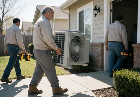 Three technicians with tools installing an air conditioning unit at the entrance of a house.