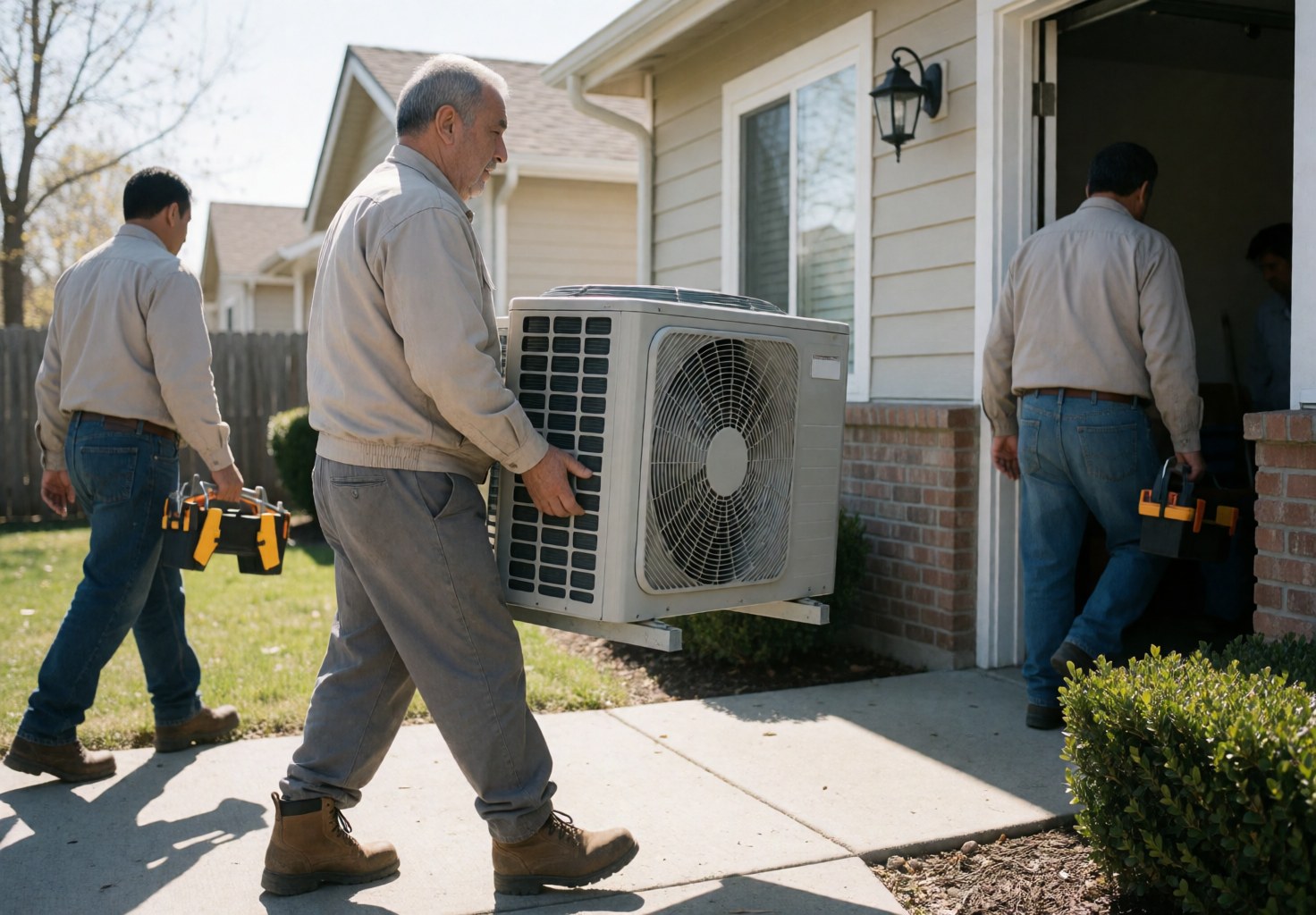 Three technicians with tools installing an air conditioning unit at the entrance of a house.