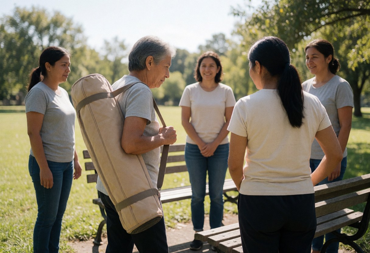 A yoga instructor with a bag teaches a group of women in a sunny park.