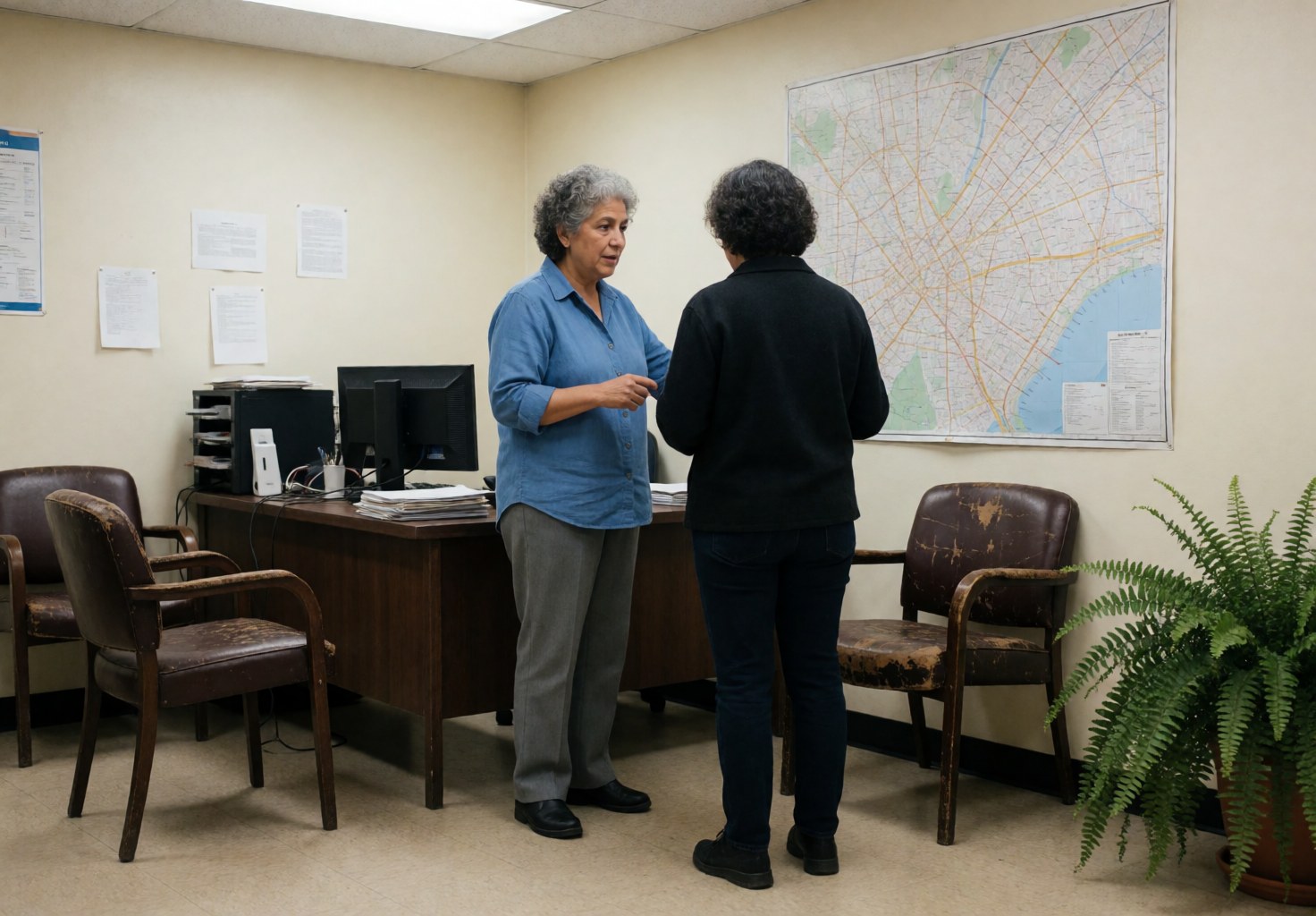 An older woman instructor explains a map to a client in a driving school office with chairs, a computer, and a plant.