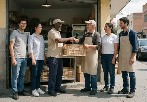 A group of people deliver crates of products to a café owner and shake hands at the entrance.