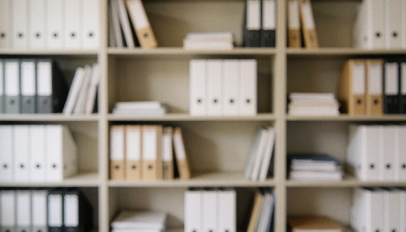 Office shelf with white, black, and brown binders organized on shelves.