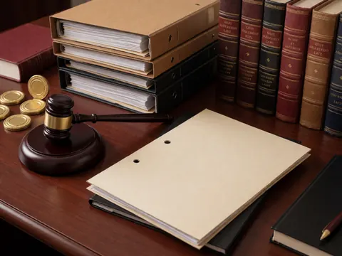 Lawyer's desk with books, judge's gavel and gold coins on wood.