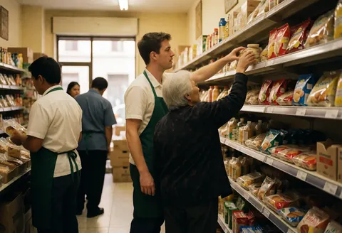 Employee in minimarket helping an elderly customer reach a product on shelf.