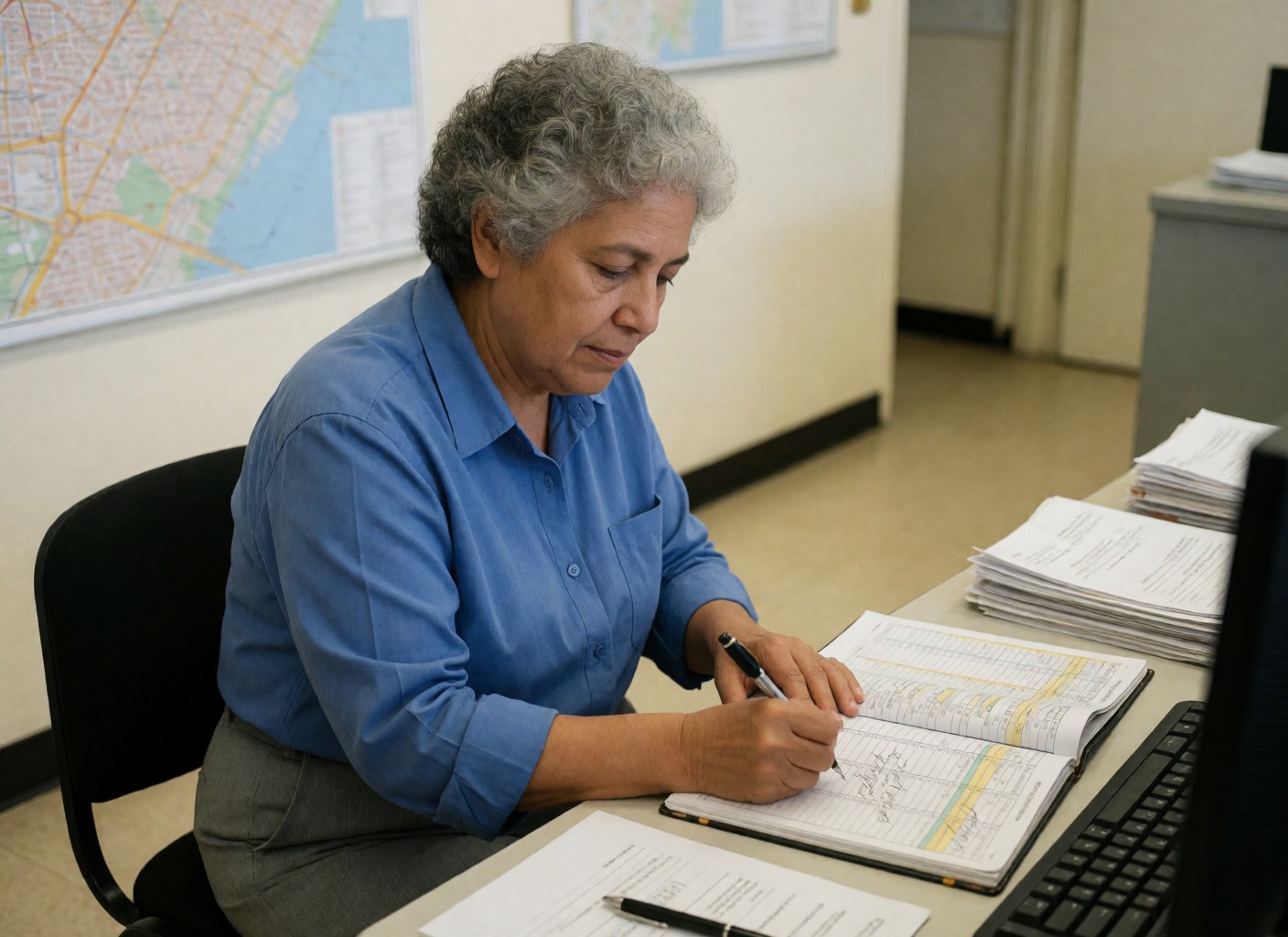 An older adult woman writes in a driving manual at a desk in an office with maps on the wall and stacks of documents.