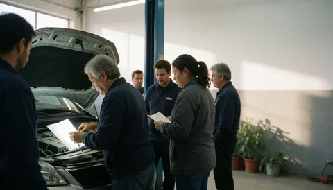 Group of mechanics and customer reviewing document next to car with open hood in auto repair shop.