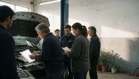 Group of mechanics and customer reviewing document next to car with open hood in auto repair shop.