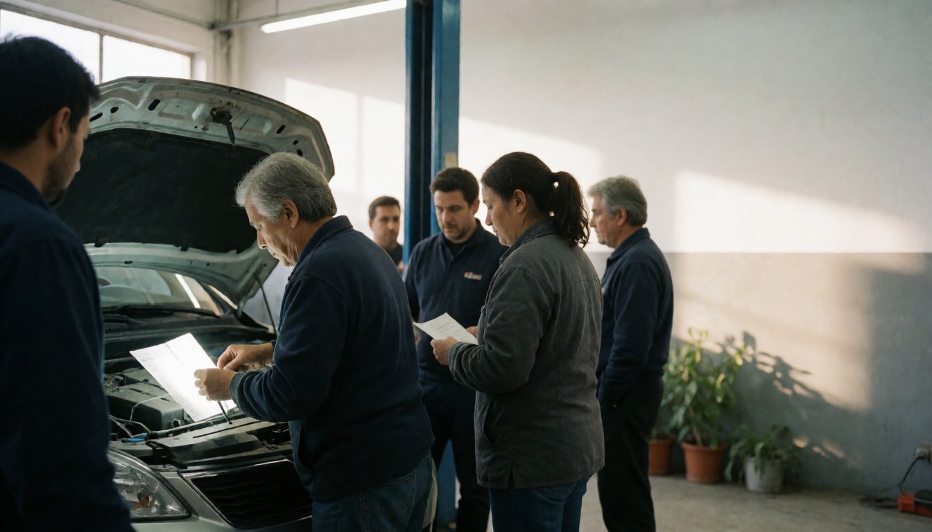 A group of mechanics checking a vehicle with the hood open in a bright garage filled with tools and plants