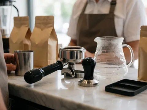 Barista in apron preparing coffee with tools on white marble counter.