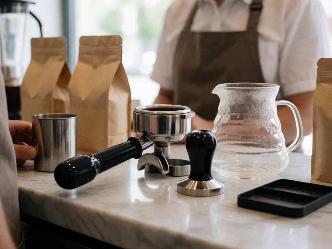 Barista in apron preparing coffee with tools on white marble counter.